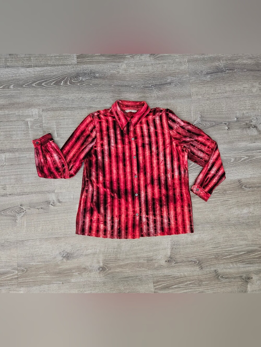 Whimsigoth Velvet Burnout Button Up Blouse Red Black Sheer Striped Vampire Sz L